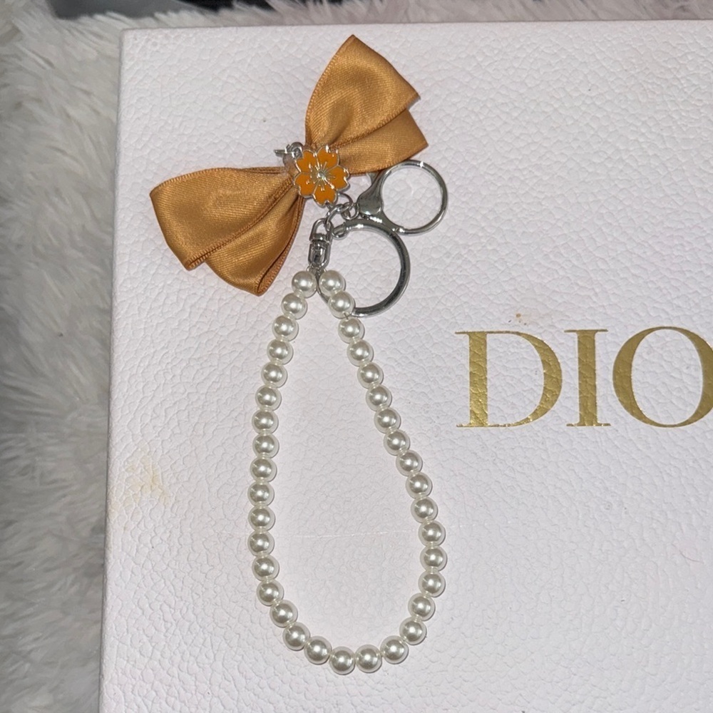 Elegant Pearl Keychain/Purse or bag charm with Gold Bow